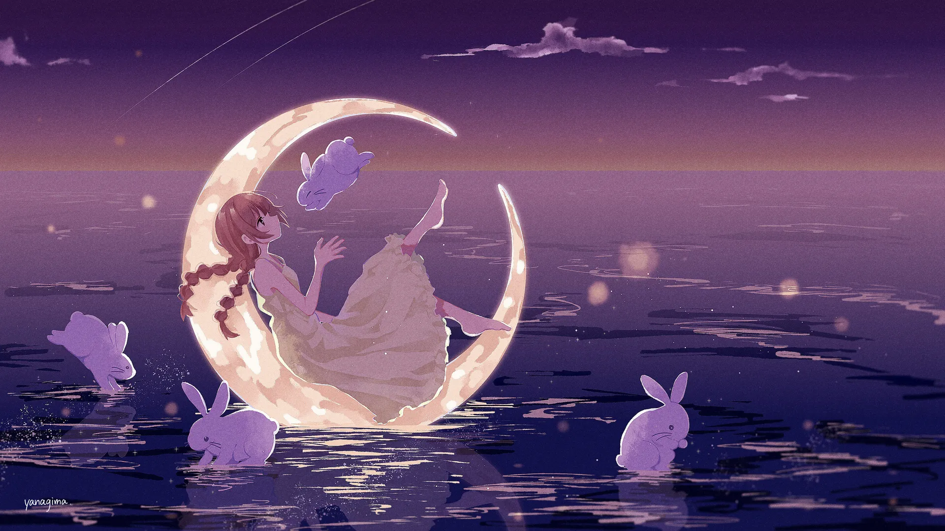 全身 尖头 辫子 长发 月亮 海 兔子 月光 动漫 女孩 云 双马尾 动物 水 天空 连衣裙 新月 黄色连衣裙 4K壁纸