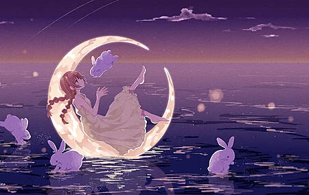 全身 尖头 辫子 长发 月亮 海 兔子 月光 动漫 女孩 云 双马尾 动物 水 天空 连衣裙 新月 黄色连衣裙 4K壁纸