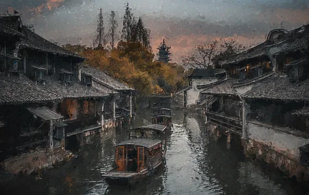 村庄 船 水 倒影 树木 天空 建筑 乌镇 4K壁纸