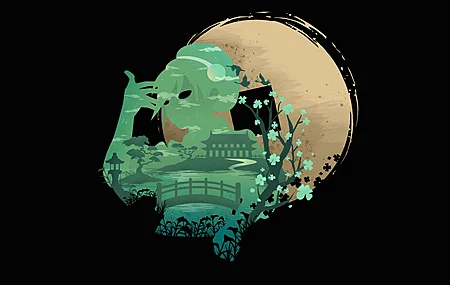 短发 绿色 黑色 画中 花朵 简单背景 桥梁 黑色背景 树枝 水 天空 云 卡通 4K壁纸