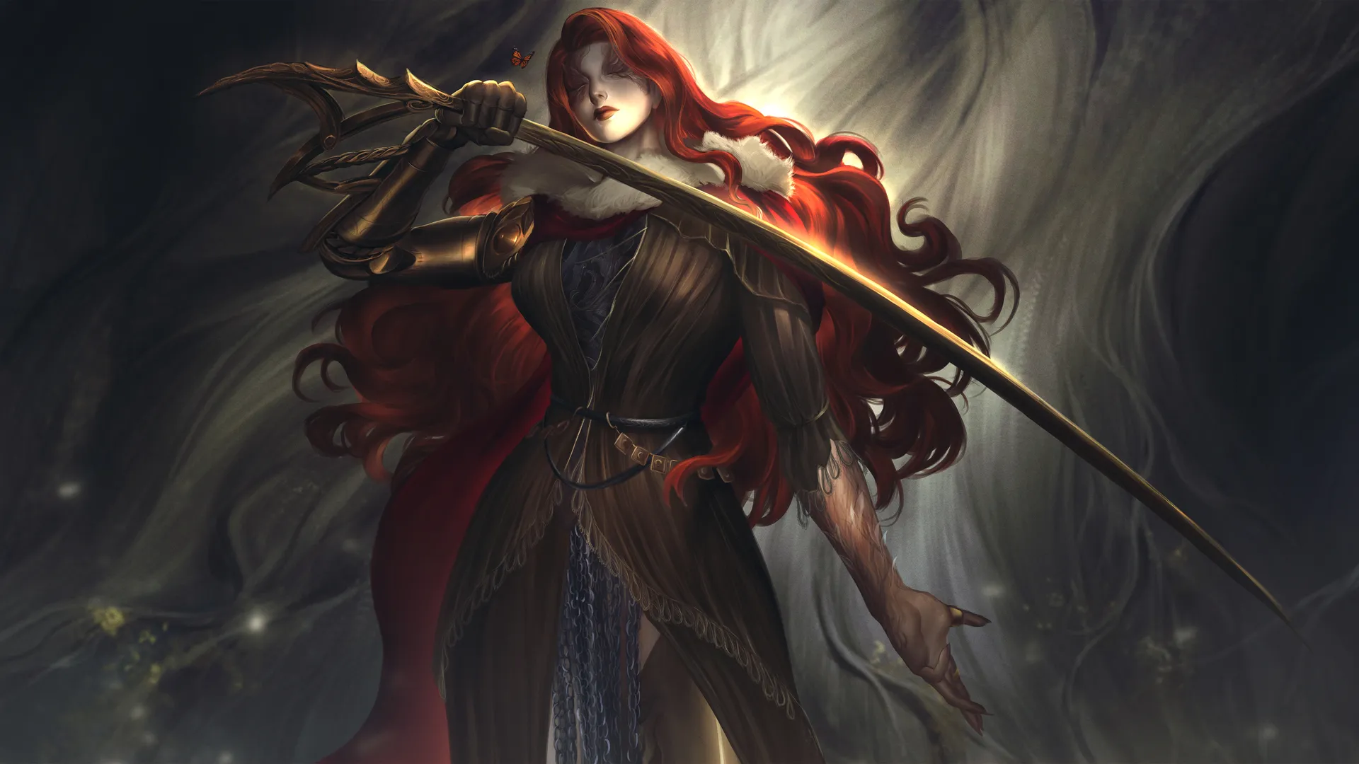 长发 红发 卷发 剑 视频 游戏 女孩 人物 插图 绘画 蝴蝶 4K壁纸