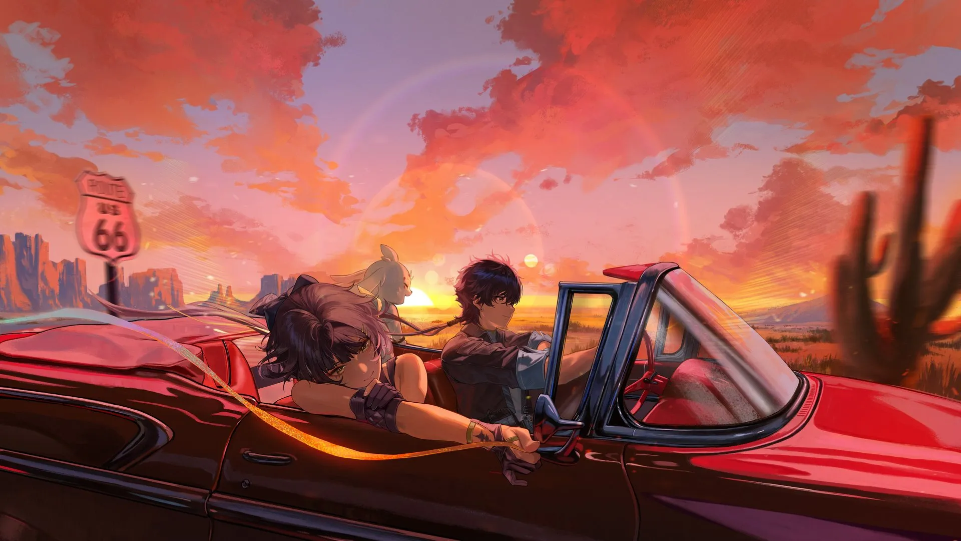 电子 游戏 角色 微笑 呼啸的波浪 漫游者 天空 驾驶 无指手套 红色汽车 晚霞 手套 4K壁纸