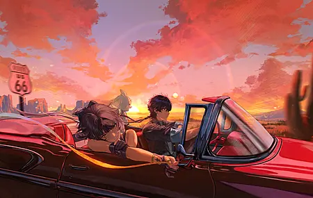 电子 游戏 角色 微笑 呼啸的波浪 漫游者 天空 驾驶 无指手套 红色汽车 晚霞 手套 4K壁纸