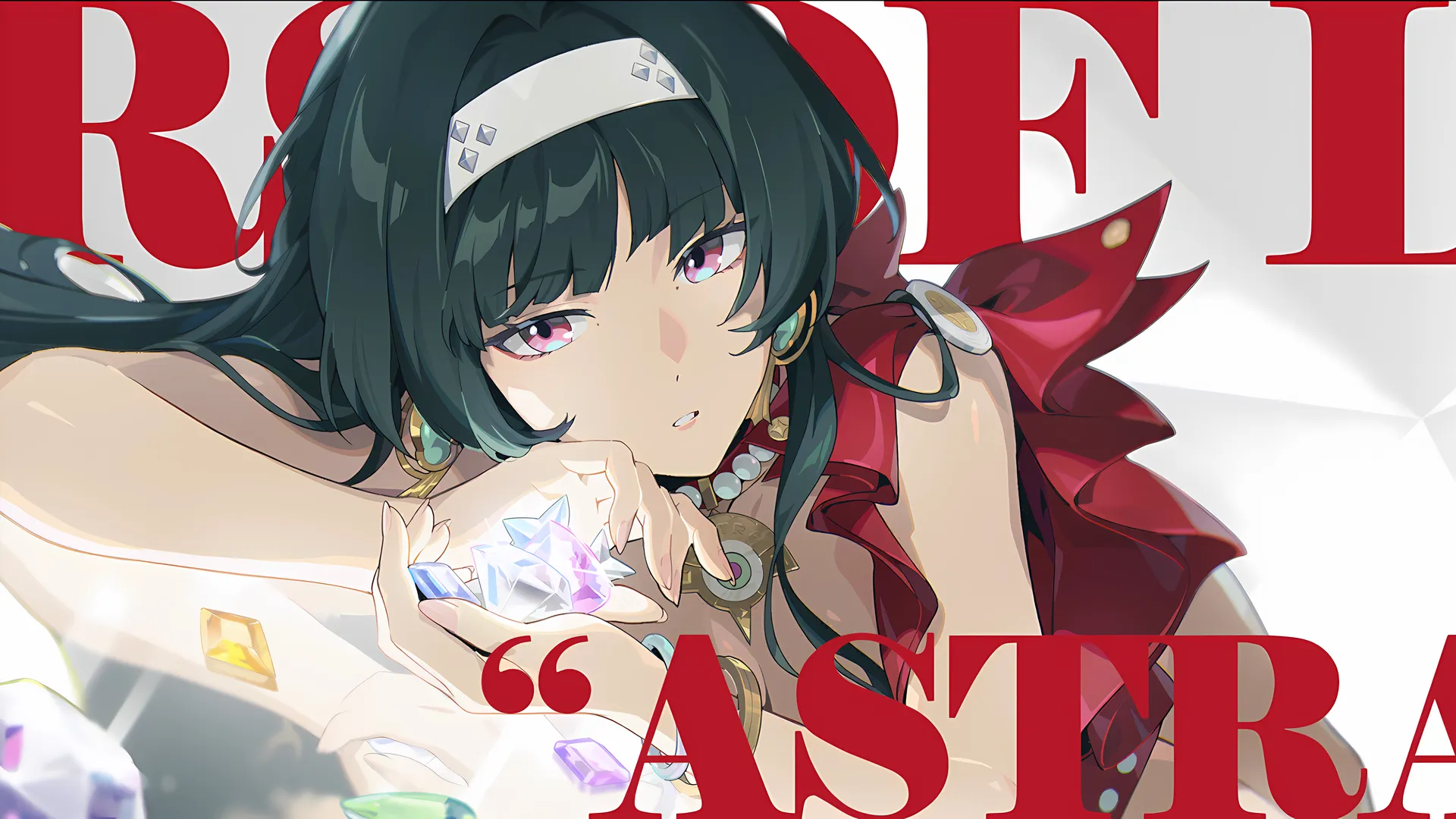 长发 绿头发 眼睛 躺下 动漫 女孩 游戏 简单背景 头带 宝石 倒影 发光 珍珠 4K壁纸