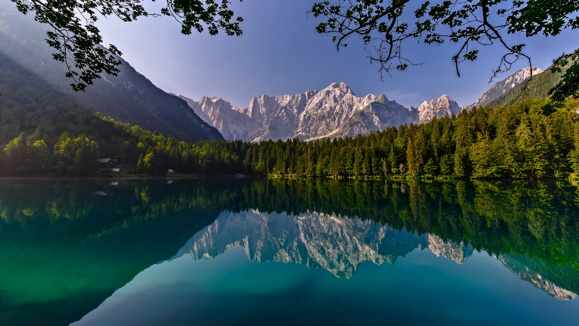 自然 景观 树木 森林 水 倒影 晴朗 天空 湖泊 山脉 房屋 阳光 天空 树枝 4K壁纸