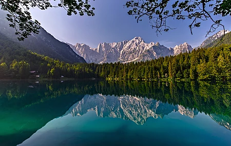 自然 景观 树木 森林 水 倒影 晴朗 天空 湖泊 山脉 房屋 阳光 天空 树枝 4K壁纸