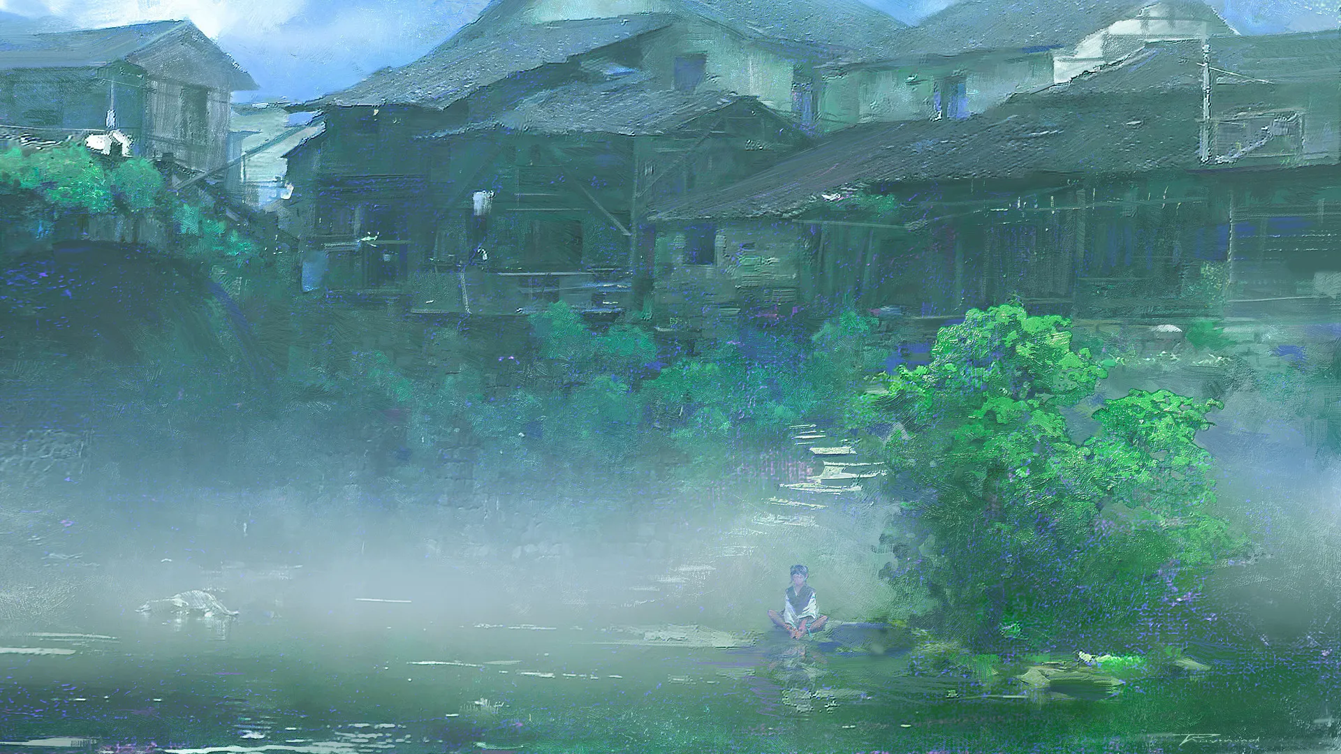 艺术 自然 树木 村庄 河边 河流 女孩 小孩 4K壁纸