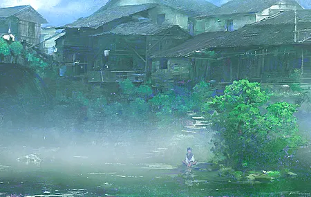 艺术 自然 树木 村庄 河边 河流 女孩 小孩 4K壁纸