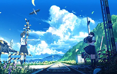 手指 站立 校服 动漫 女孩 铁路 道口 积云 黑裙子 风 云 鸟 花 天空 黑袜子 树叶 花束 4K壁纸