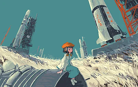 坐着 户外 短发 插图 动漫 女孩 帽子 火箭 发射 草 耳机 白鞋 蓝色连衣裙 天空 晴朗 4K壁纸