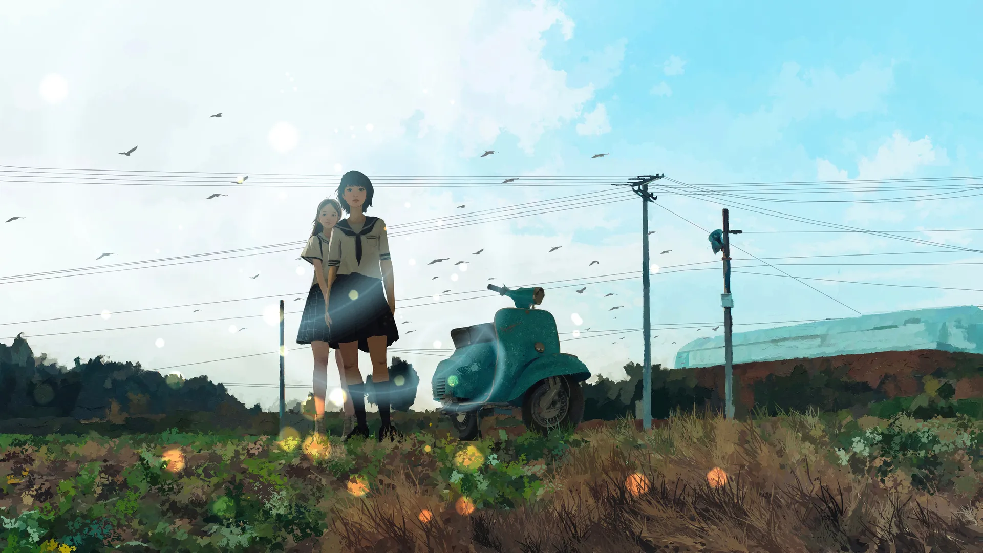 女学生 插画 风景 天空 滑板车 田野 电线 云 鸟 花 4K壁纸