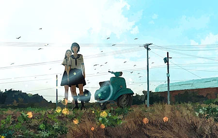 女学生 插画 风景 天空 滑板车 田野 电线 云 鸟 花 4K壁纸