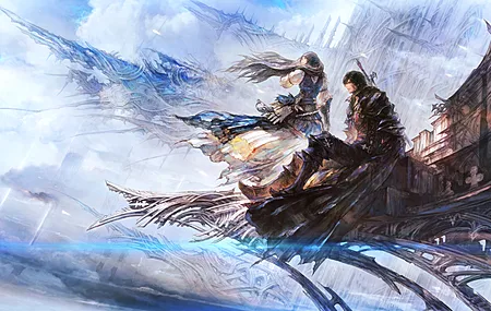 坐着 电子 游戏 男人 长发 女孩 角色 剑 奇幻 最终幻想 风 阳光 山脉 连衣裙 4K壁纸