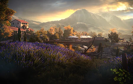 电子 游戏 山脉 熏衣草 日落 电子 云 树叶 CGI 房屋 天空 树木 户外 夕阳 4K壁纸