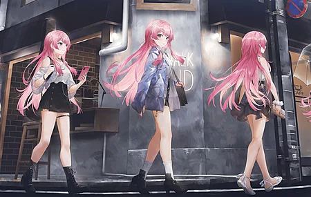 粉红头发 眼镜 女人 女学生 蓝眼睛 肩膀 动漫 女孩 眼镜 电话 裙子 雨伞 长袖 校服 钱包 高跟鞋 8K壁纸