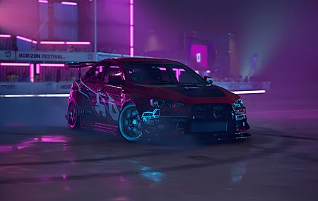 霓虹灯 汽车 宽体 速度 漂移 烟雾 夜雨 竞速 地平线 视频 游戏 车辆 前灯 CGI 屏幕截图 赛车 4K壁纸