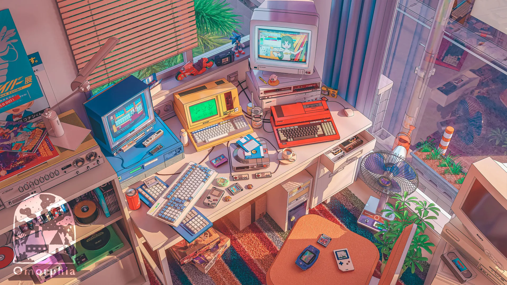 插图 彩色 绘画 复古 室内 计算机 桌子 风扇 房间 椅子 键盘 阳光 百叶窗 杯子 盘子 勺子 叶子 地毯 卡带 相机 电脑 鼠标 窗户 4K壁纸