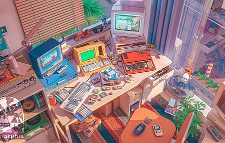 插图 彩色 绘画 复古 室内 计算机 桌子 风扇 房间 椅子 键盘 阳光 百叶窗 杯子 盘子 勺子 叶子 地毯 卡带 相机 电脑 鼠标 窗户 4K壁纸