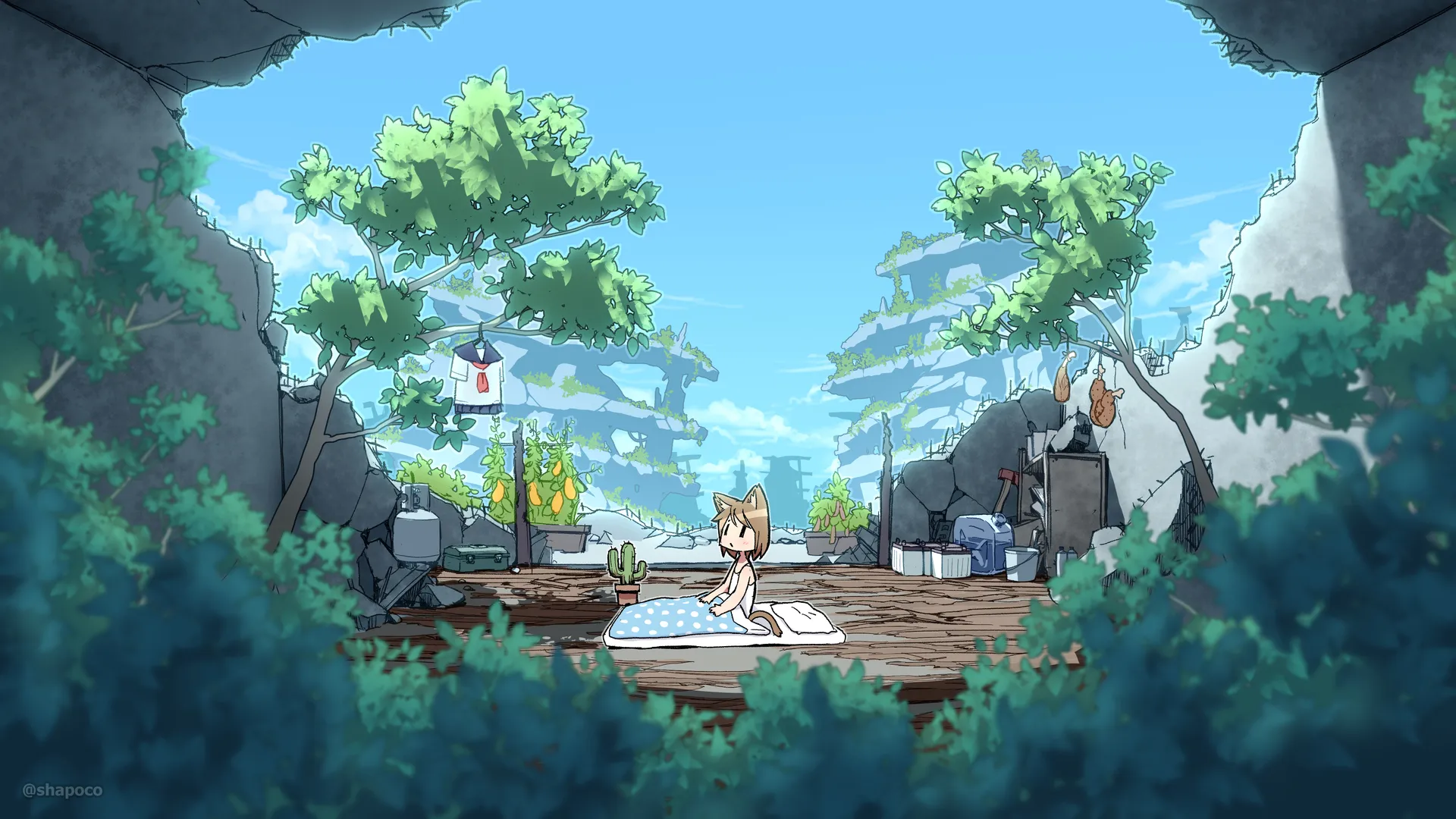 刘海 短发 动漫 女孩 插图 天空 云 自然 睡觉 动物 耳朵 尾巴 水手制服 断壁 电池 宽屏幕 植物 树 景观 仙人掌 4K壁纸