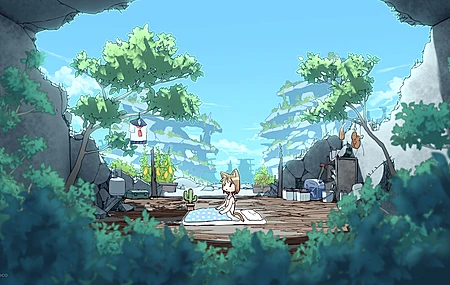 刘海 短发 动漫 女孩 插图 天空 云 自然 睡觉 动物 耳朵 尾巴 水手制服 断壁 电池 宽屏幕 植物 树 景观 仙人掌 4K壁纸