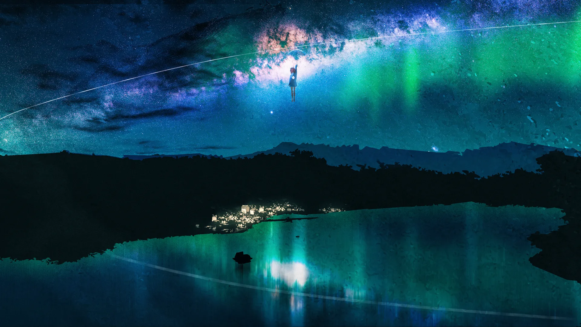 打伞 女人 插图 风景 极光 星空 湖泊 飞行 女性 角色 动漫 女孩 雨伞 银河 树木 流星 山脉 星星 倒影 鲸鱼 风景 4K壁纸