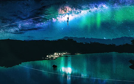 打伞 女人 插图 风景 极光 星空 湖泊 飞行 女性 角色 动漫 女孩 雨伞 银河 树木 流星 山脉 星星 倒影 鲸鱼 风景 4K壁纸