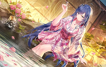 长发 蓝头发 蓝眼睛 纯帕库卡伦 坐着 和服 温泉 动漫女孩 