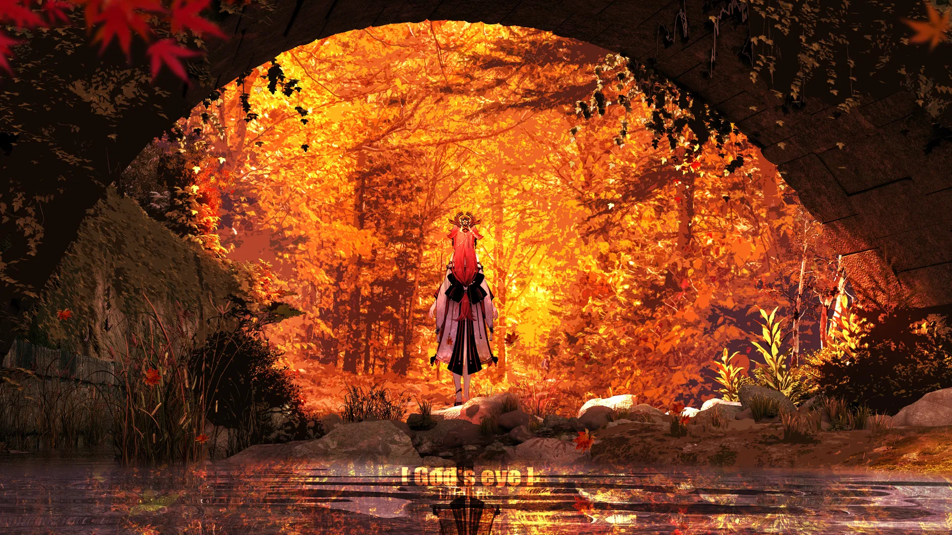  原神 粉色头发 长发 站立 动漫女孩 原神 游戏CG AI艺术 反射 水 树 树叶 