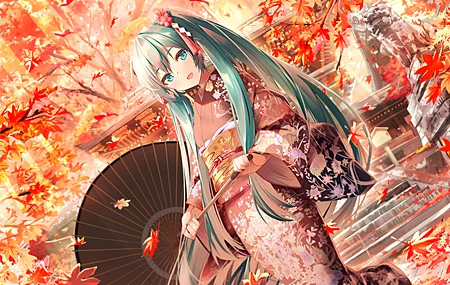 张嘴 呆豆 看观众 动漫 动漫女孩 青发 雨伞 水色眼睛 传统服装 服装 秋季 小提琴 