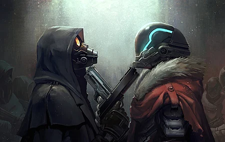 AI艺术 绘画 数字绘画 未来主义 枪支 科幻 面具 兜帽 手枪 武器 头盔 网络 电子游戏艺术 电子游戏跨界 命运 电子游戏 迷失星球 