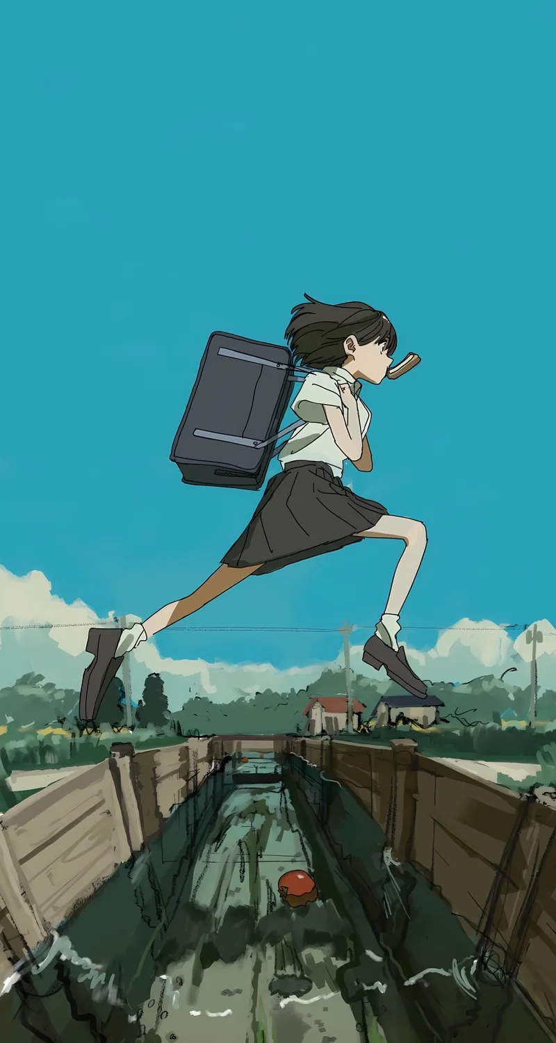 女学生 动漫 动漫女孩 校服 祝酒词 跑步 云 天空 水 4壁纸