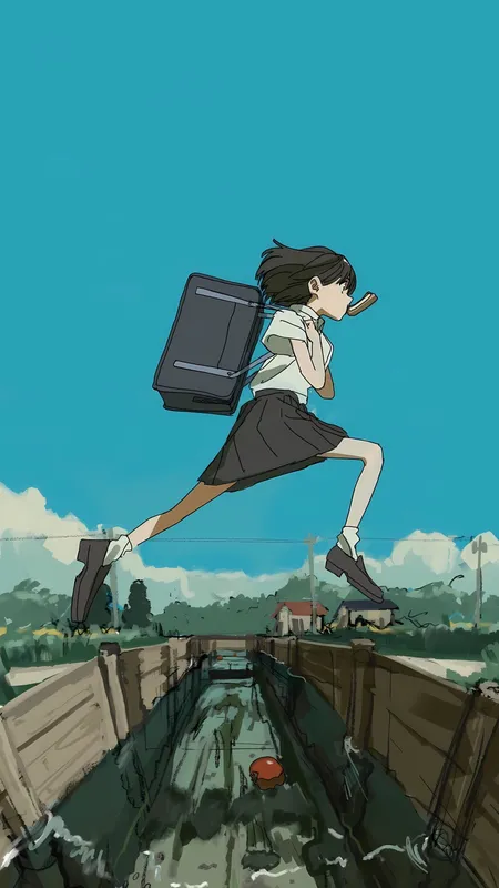 女学生 动漫 动漫女孩 校服 祝酒词 跑步 云 天空 水 4壁纸