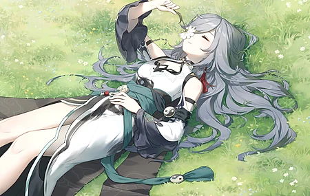 富华 长发 仰卧 幻想女孩 腿 头发在脸上 闭上眼睛 动漫 动漫女孩 灰色头发 花 幻想艺术 草 户外 