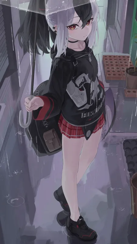 蔚蓝档案 雨伞 动漫女孩 双色调头发 雨 裙子 背包 萝莉 4壁纸