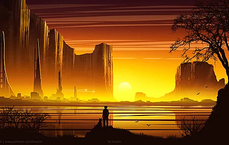 人 AI艺术 例证 风景 自然 黄色 金 太阳 太阳光线 日落 黄昏 晚上 峡谷 建筑 树 阴影 黑暗的 大厦 镇 城市 天空 黄色背景 水 反射 户外 湖 山 温暖 西部 幻想艺术 科幻小说 未来派 