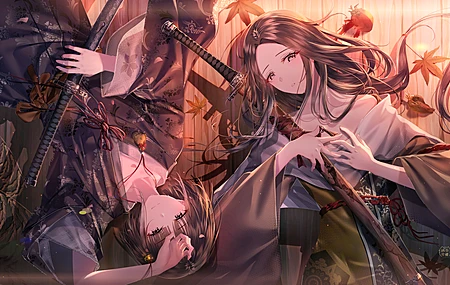 卡伦 深色头发 短发 长发 动漫 动漫女孩 关：影子死两次 和服 剑 