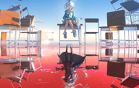 坐着 女学生 一只眼睛以上的头发 长发 短发 卡阿罗 动漫 动漫女孩 倒影 校服 书桌 椅子 领结 明星 坐在书桌上 蔚蓝档案 