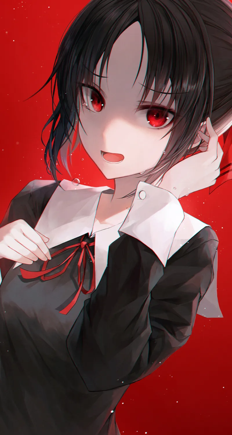 水晶药草 黑头发 红眼睛 动漫 动漫女孩 卡谷萨玛：爱就是战争 卡谷真宫 红色背景 简单背景 校服 4壁纸