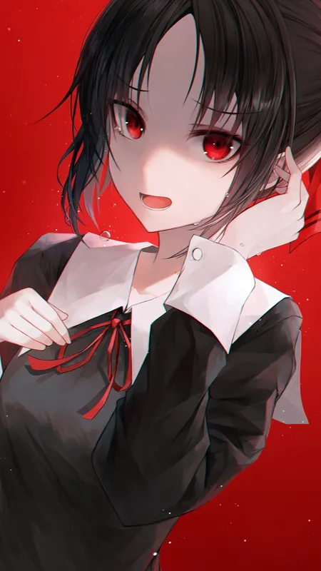 水晶药草 黑头发 红眼睛 动漫 动漫女孩 卡谷萨玛：爱就是战争 卡谷真宫 红色背景 简单背景 校服 4壁纸