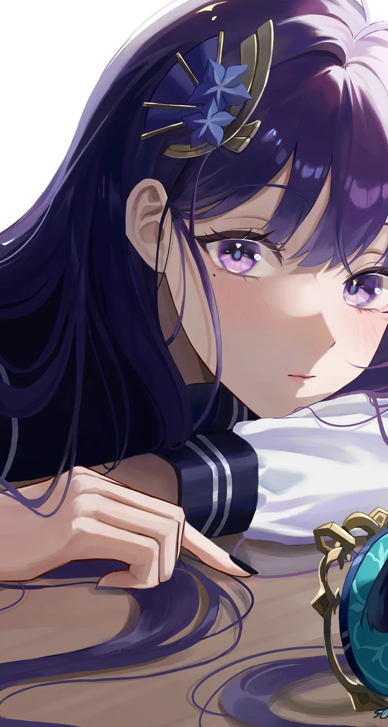 黑眼圈 眼角 紫色头发 女学生 动漫 动漫女孩 原神 雷登幕府 原神 紫色眼睛 桌子 窗户 校服 4壁纸