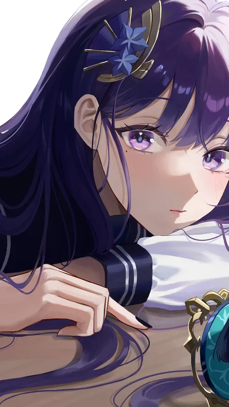 黑眼圈 眼角 紫色头发 女学生 动漫 动漫女孩 原神 雷登幕府 原神 紫色眼睛 桌子 窗户 校服 4壁纸