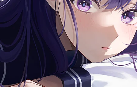 黑眼圈 眼角 紫色头发 女学生 动漫 动漫女孩 原神 雷登幕府 原神 紫色眼睛 桌子 窗户 校服 4壁纸