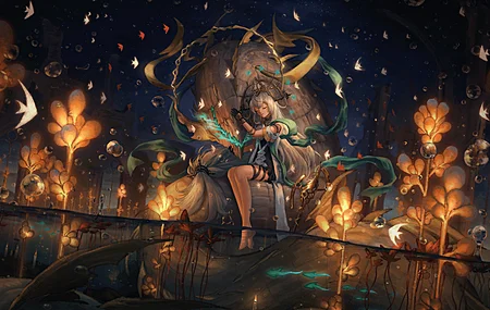 坐着 闭着眼睛 长发 脚 白发 神枪手 斯卡迪 神枪手 动漫女孩 手套 蜡烛 水 动物