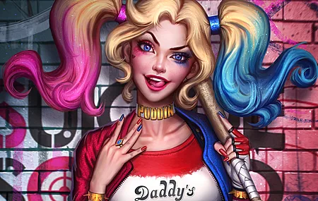 哈雷·奎恩 奇幻女孩 彩绘指甲 金发女郎 宇宙 女人 棒球棒 漫画 漫画 双尾 漫画艺术 蝙蝠侠 恶棍 印花衬衫 