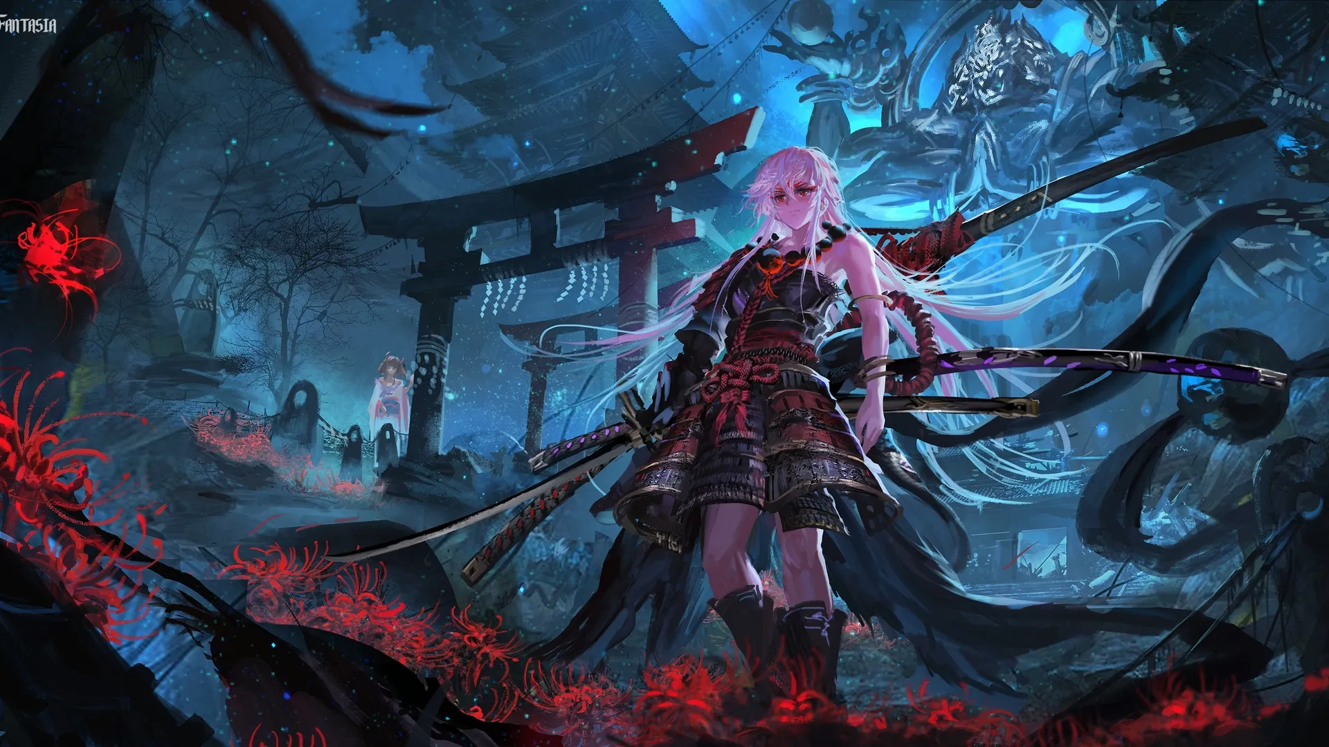 白发 长发 红眼睛 幻想女孩 幻想曲 动漫女孩 展望远方 武士 盔甲 武士 武士 武器 幻想艺术 环境 鲜花 建筑 雕像 黑色 数码绘画 插图 素描 AI艺术 扇形艺术 