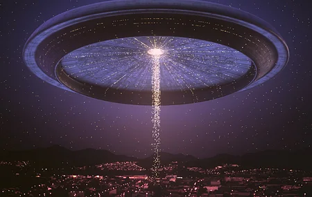 不明飞行物 宇宙飞船 城市 夜晚 未来主义 科幻小说 星星 灯光 漂浮粒子 母舰 外星人绑架 山 鸟瞰 