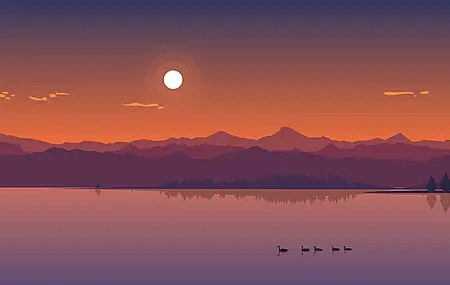 矢量 湖 鸭子 山 云 太阳 AI艺术 森林 树木 