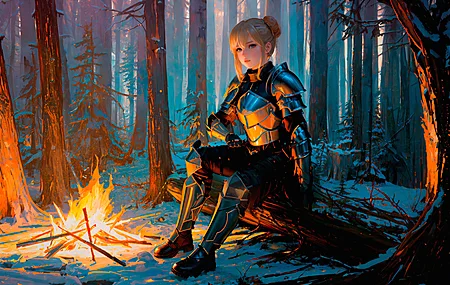 战士 坐着 金发女郎 稳定扩散 森林 薄雾 黑暗 营火 篝火 盔甲 灵魂降临 寒冷 树木 云杉 风景 艺术 命运系列 动漫女孩 军刀 