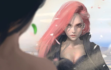 粉色头发 长发 红眼睛 决斗 动漫 花瓣 