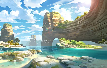 凯文·格努茨曼 风景 AI艺术 插图 自然 海滩 海洋 悬崖 岩层 云 沙 水 阳光 天空 